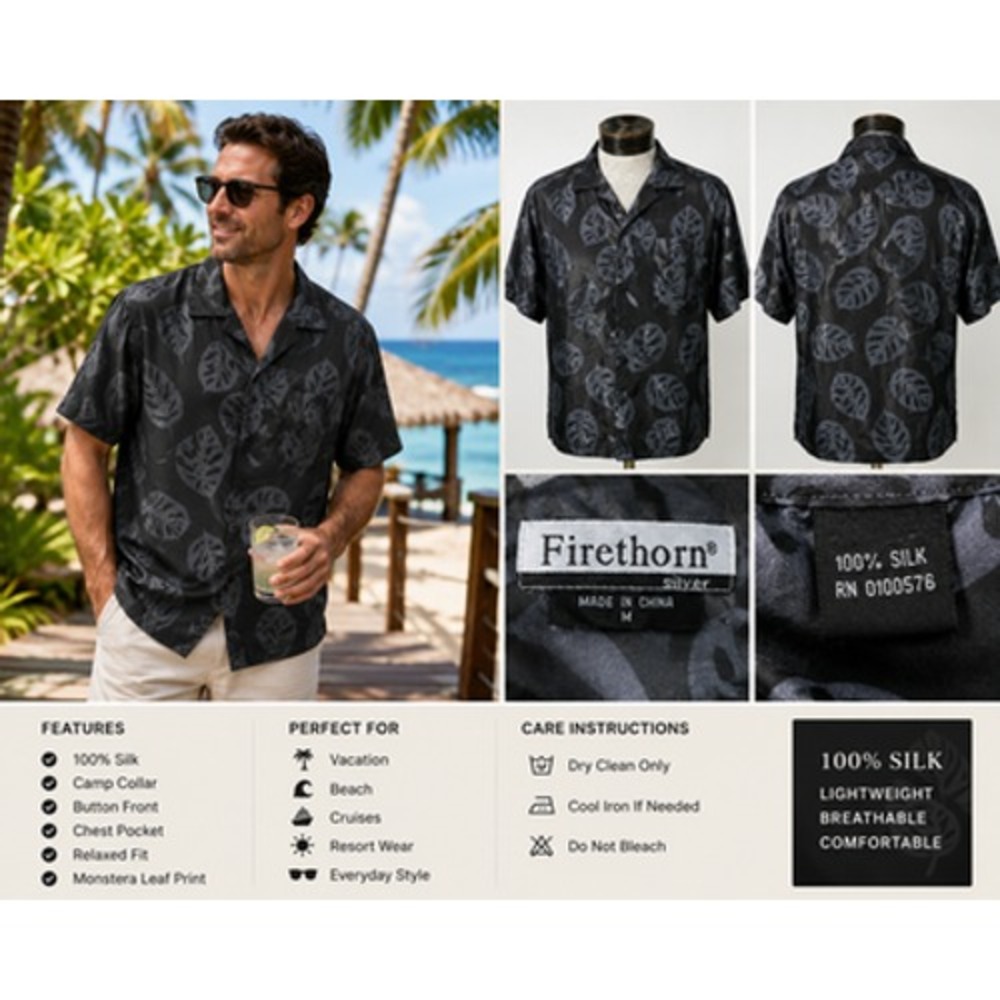 Firethorn 100% Silk Camp Shirt Mens M Black Gray Monstera Leaf Hawaiian Aloha